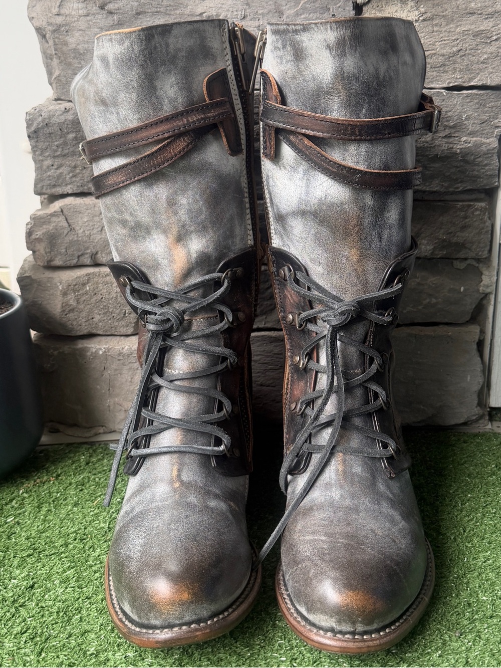 New!! Freebird by Steven Ravi Combat Ice Gray Distressed Leather Women’s Boots - Picture 6 of 11